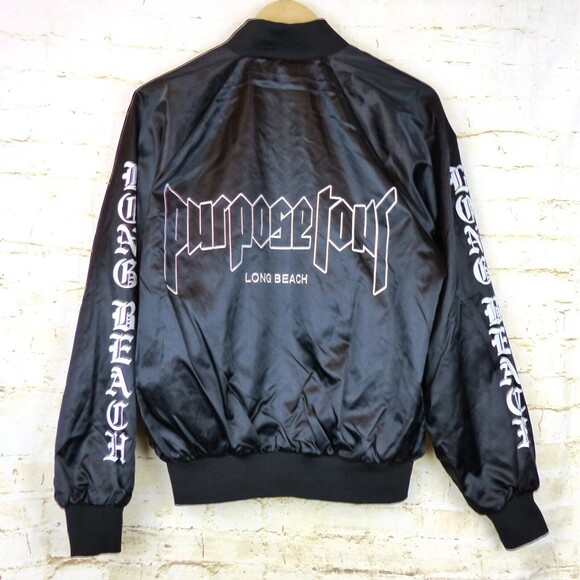 Justin Bieber Purpose World Tour Bomber Jacket Adult M Black Satin Long Beach - Picture 1 of 12